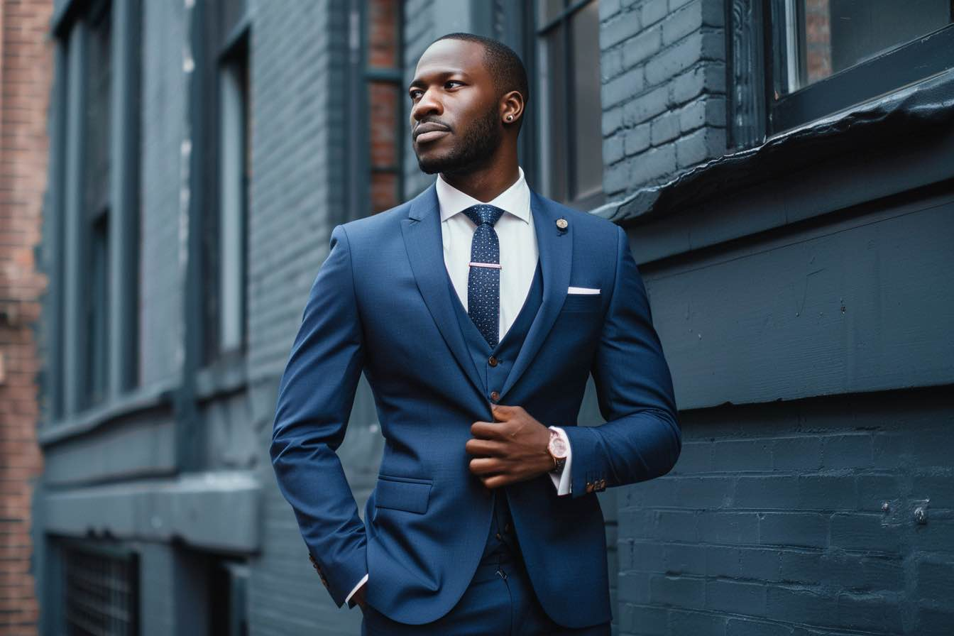 Client of House of Adenor in a bespoke navy three-piece suit