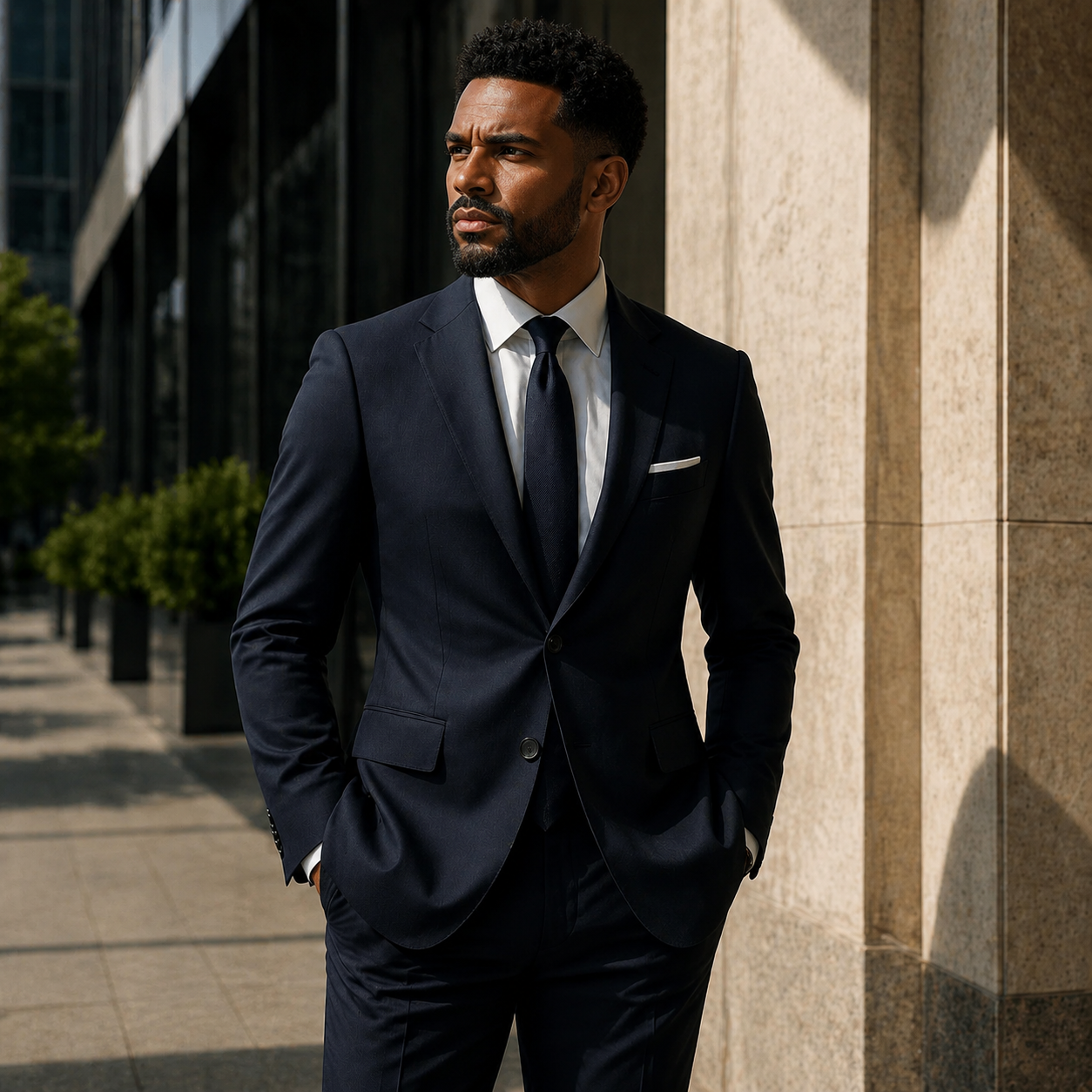 Client of House of Adenor in a bespoke midnight suit